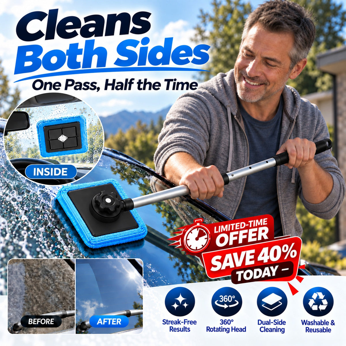 IEY®🛻All-In-One Magnetic Glass Cleaner — Dual-Side Cleaning, Washable Pads & Versatile Home and Car Use | One Kit. Cleaner Glass. Less Effort. 💎