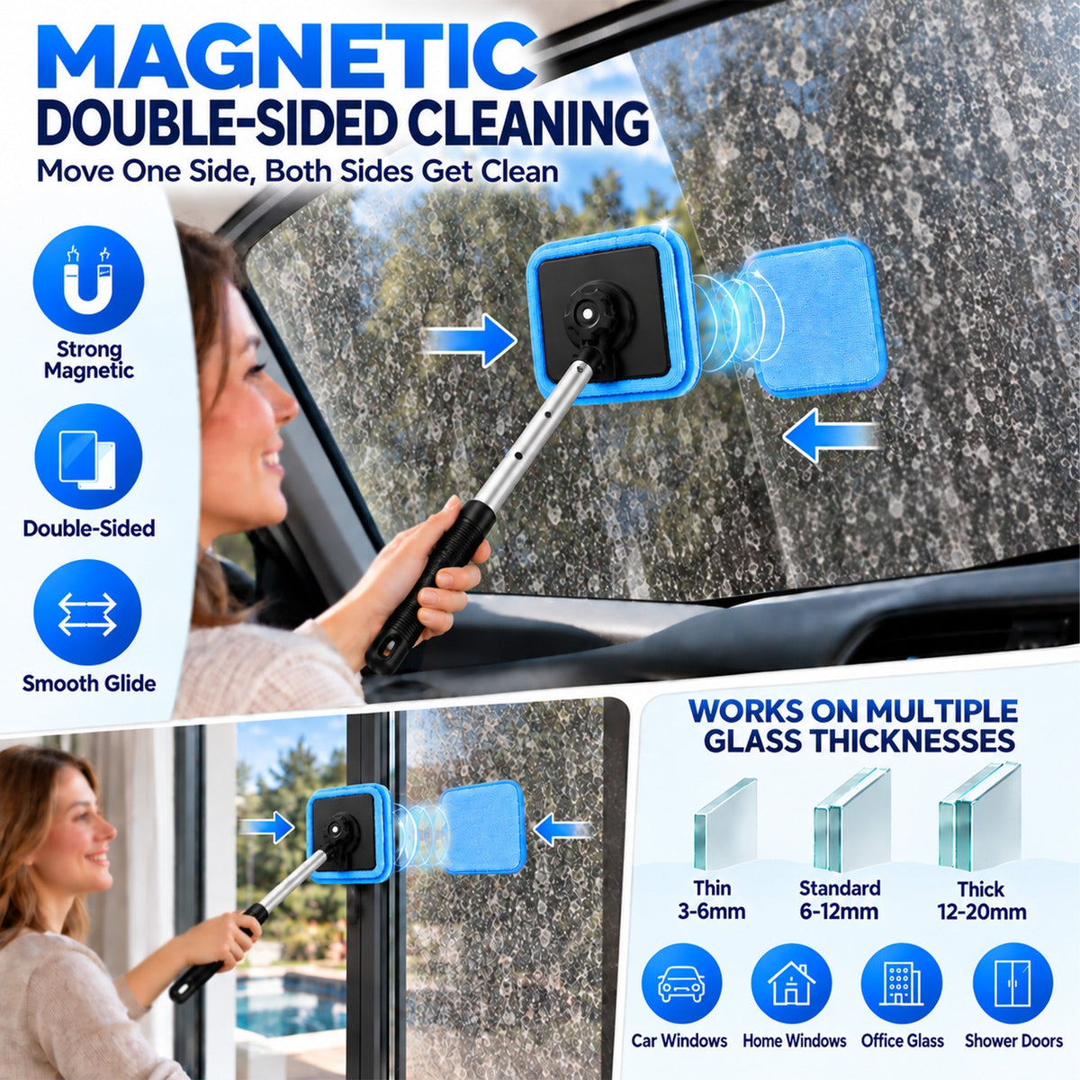IEY®🛻All-In-One Magnetic Glass Cleaner — Dual-Side Cleaning, Washable Pads & Versatile Home and Car Use | One Kit. Cleaner Glass. Less Effort. 💎